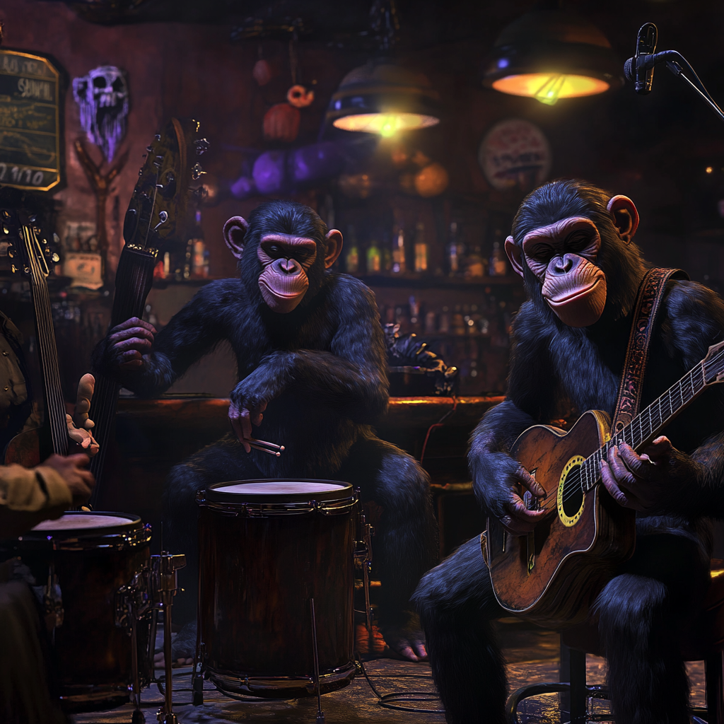 Chimp band playing music on Halloween stage