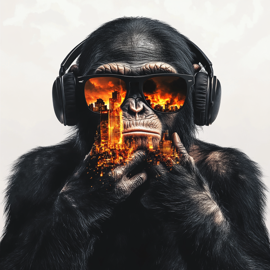 Chimpanzee covering mouth, sunglasses reflection shows burning city.