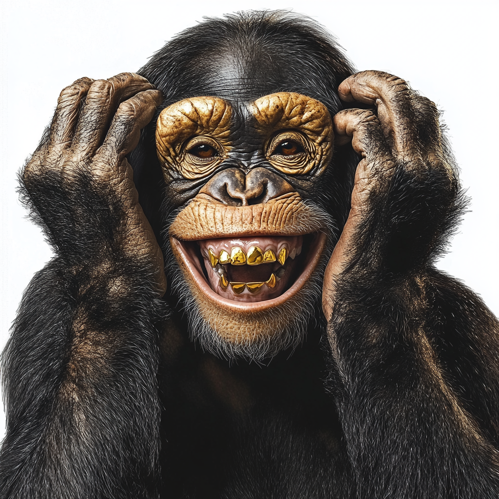 Chimpanzee smiling with gold grill, realistic lighting, tattoo design.