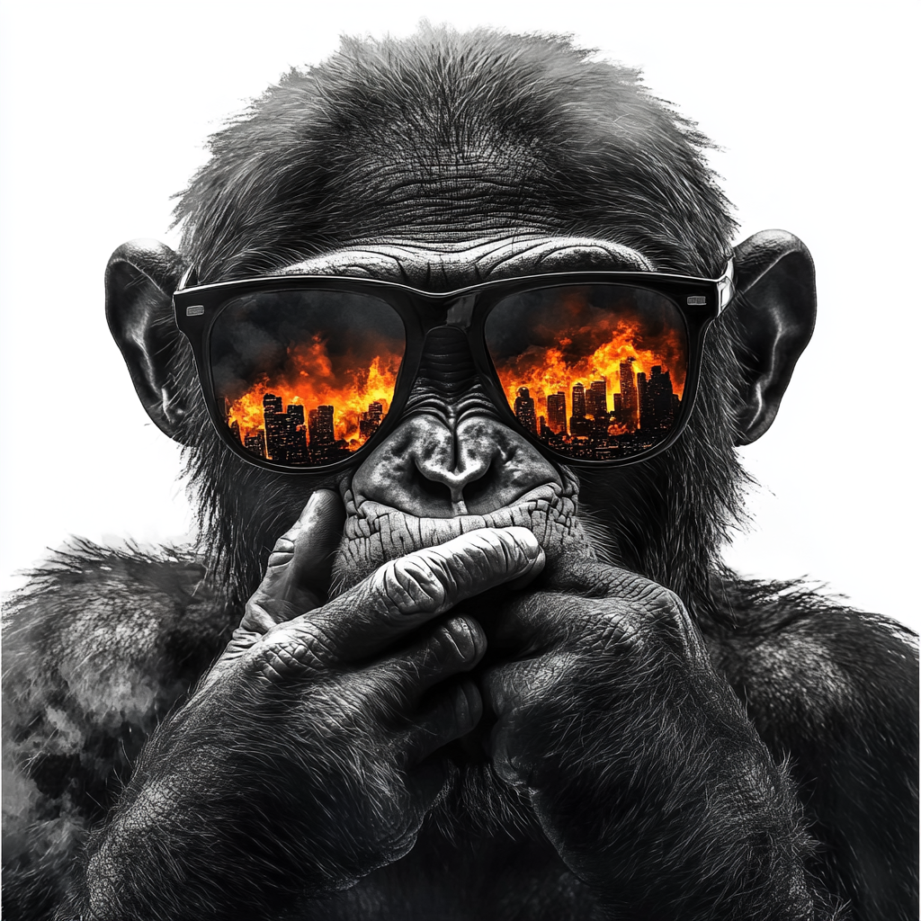 Chimpanzee wearing sunglasses looking at burning city reflection.