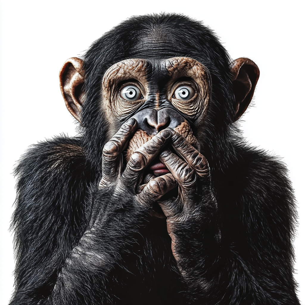 Chimpanzee with hands covering mouth, white eyes, tattoo.