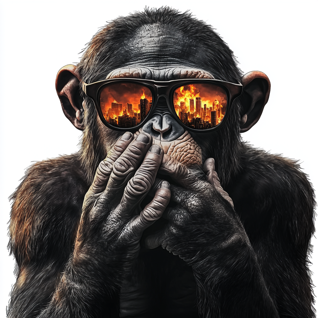 Chimpanzee with sunglasses covering mouth, city reflection, tattoo realistic.