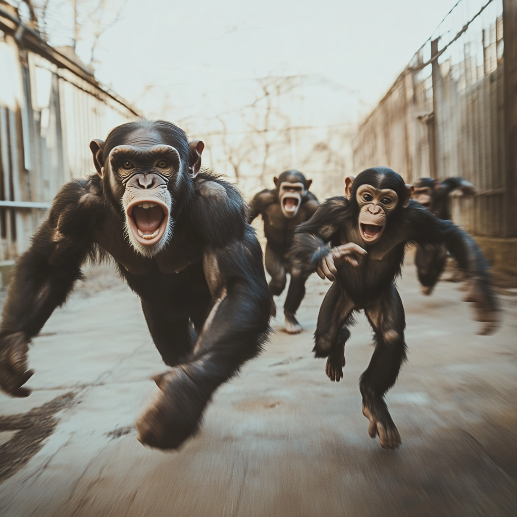 Chimpanzees chase monkeys in exciting action scene.