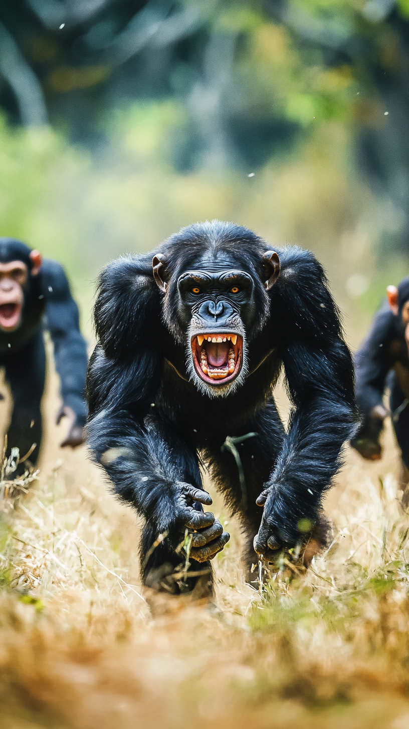 Chimpanzees hunting monkeys in bright cinematic action scene.