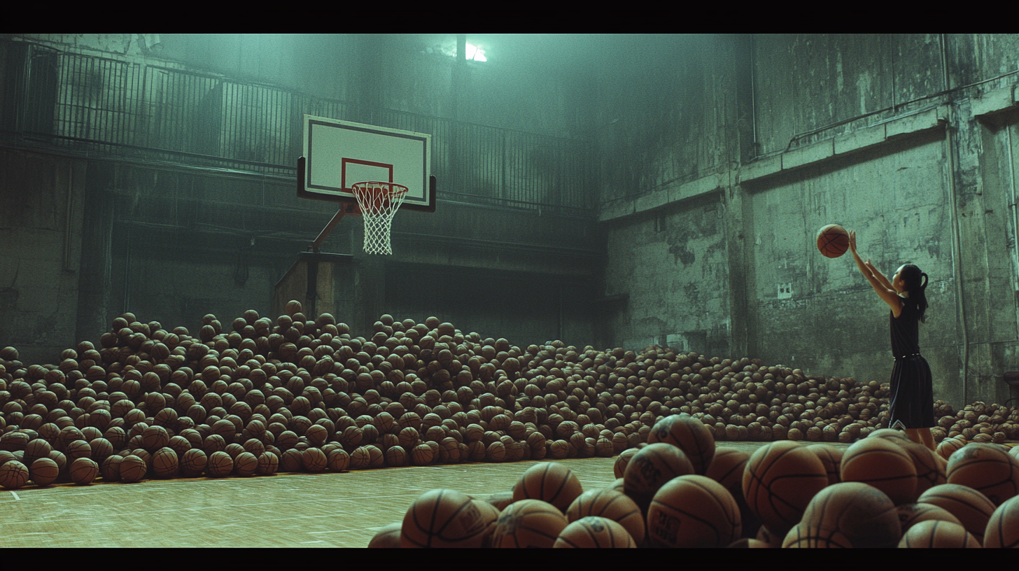 Chinese Basketballer Practicing in Ball-filled Court