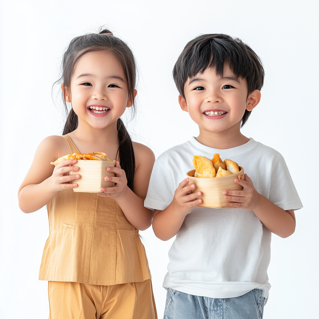 Chinese Filipino kids smiling, holding Chinese food, looking stylish.