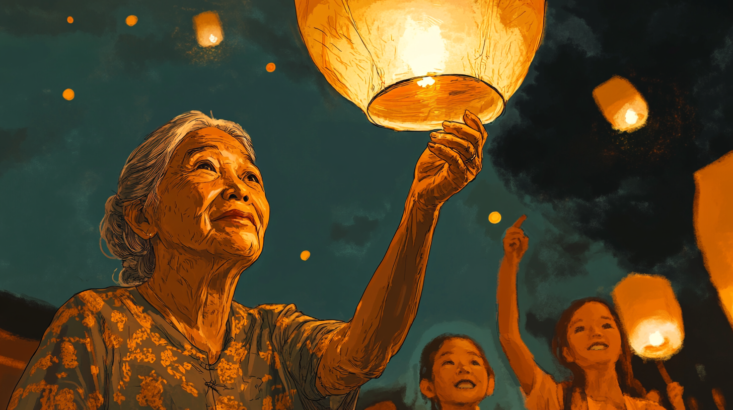 Chinese Grandma and Family Release Lantern at Night