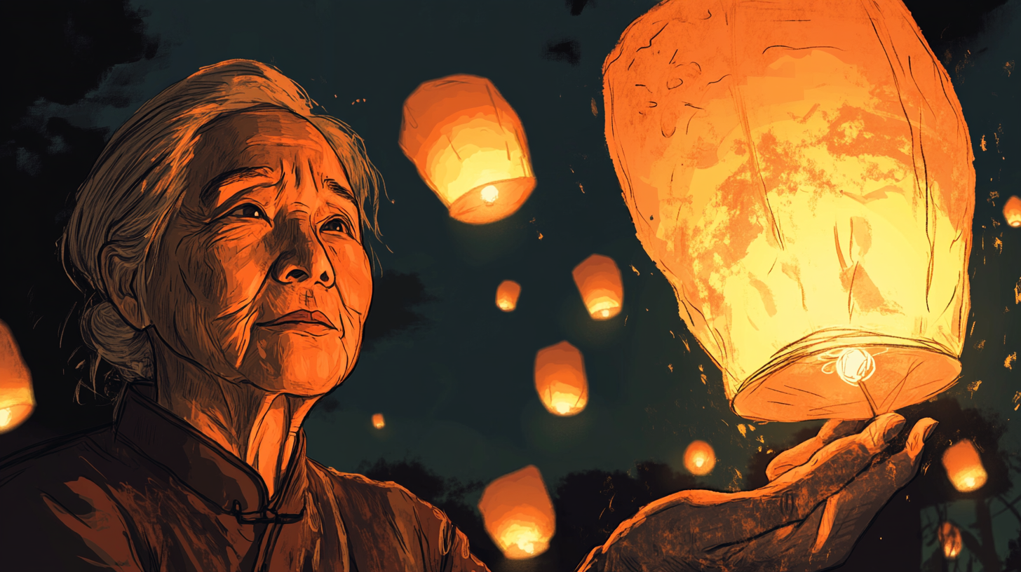 Chinese Grandma and Family Release Lanterns at Night