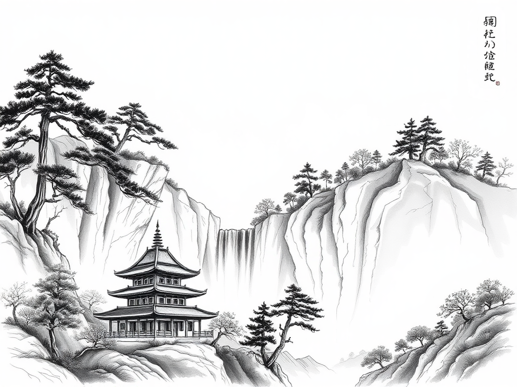 Chinese Ink Drawing: Pines, River, Waterfall, Temple