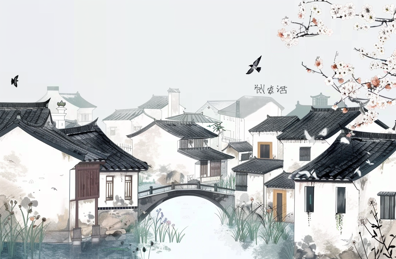 Chinese Ink Painting Style of Jiangnan Water Town Scenery