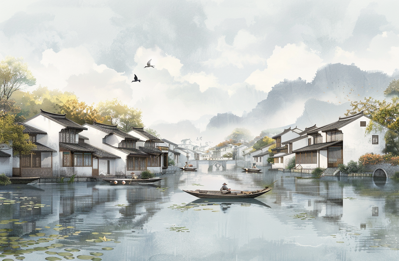 Chinese Ink Painting Style of Jiangnan Water Town