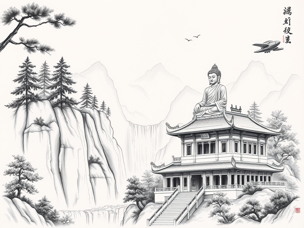 Chinese Ink Style Landscape with Buddha Statue