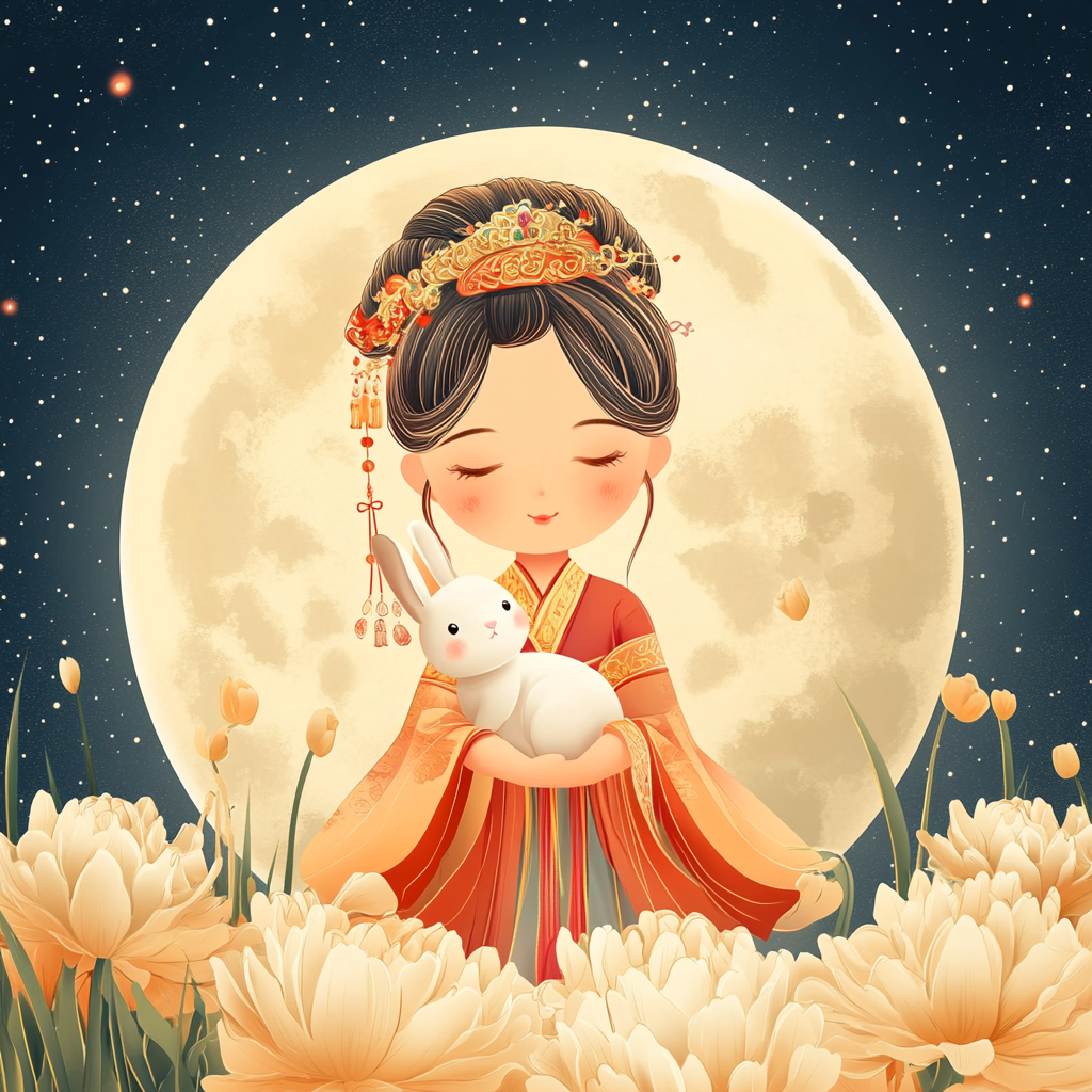 Chinese Mid-Autumn Festival: fairy, moon, rabbit, detailed.