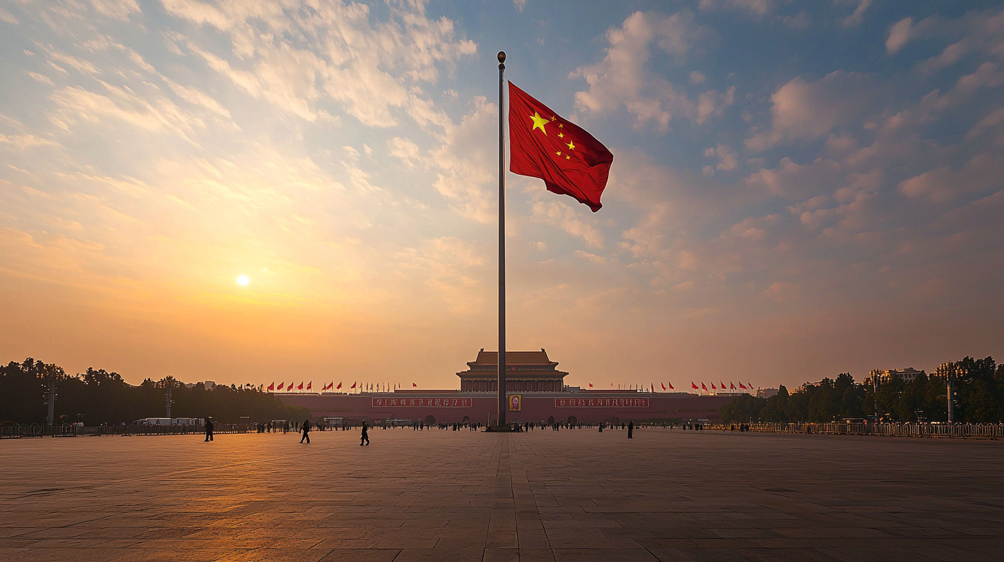 Chinese National Flag, solemn atmosphere, Tiananmen Square, eye-level perspective.