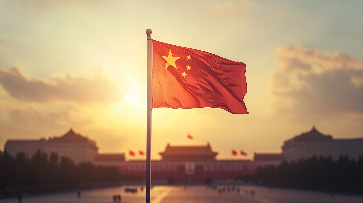 Chinese National Flag at Tiananmen Square, realistic and clear.