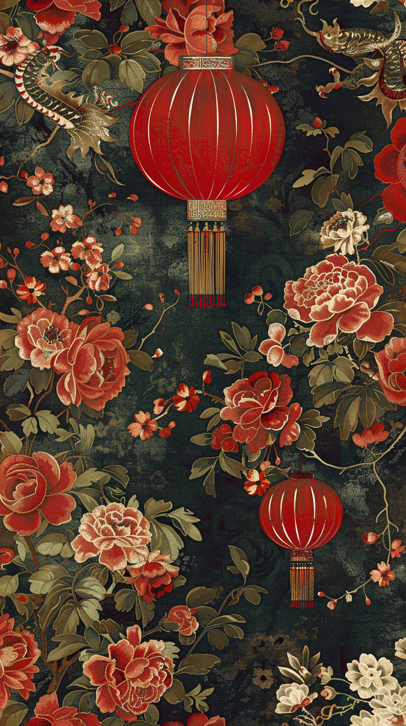 Chinese-Themed Elegant Wallpaper: Lanterns, Dragons, Cherry Blossoms