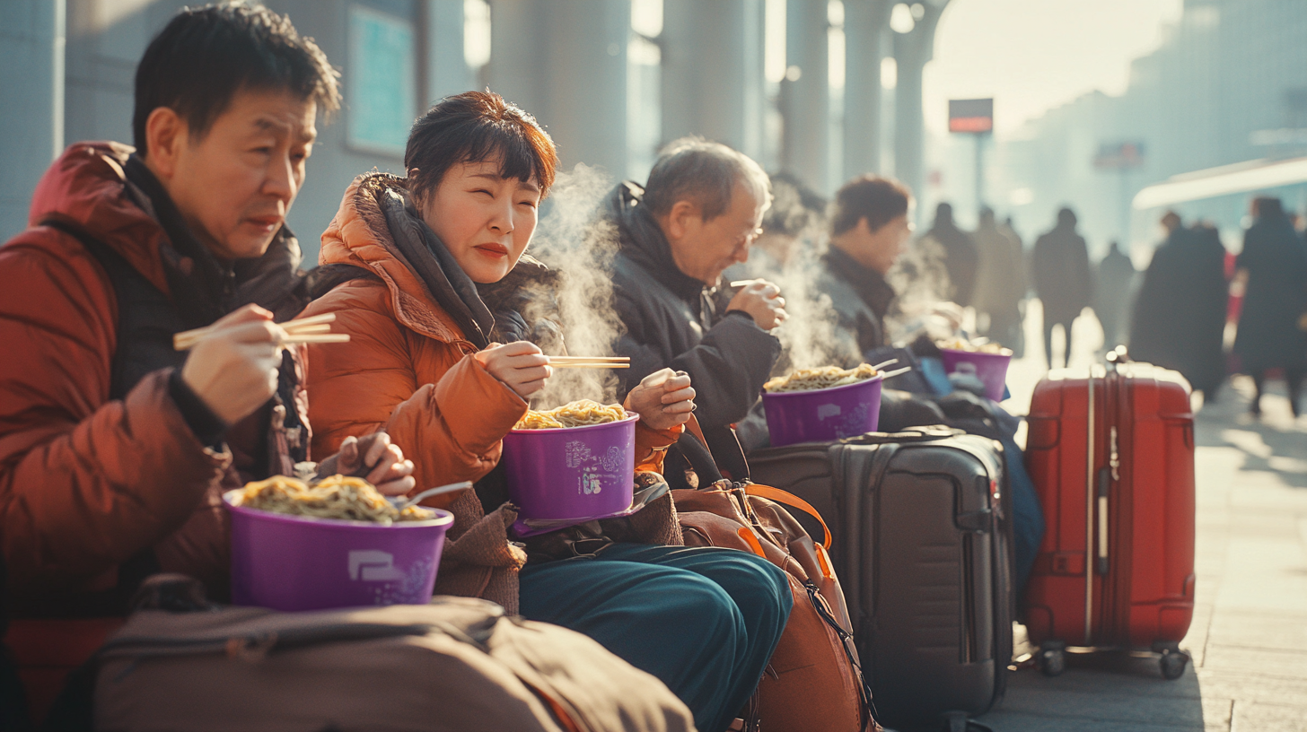 Chinese Travelers Enjoying Noodles at Shanghai Train Station