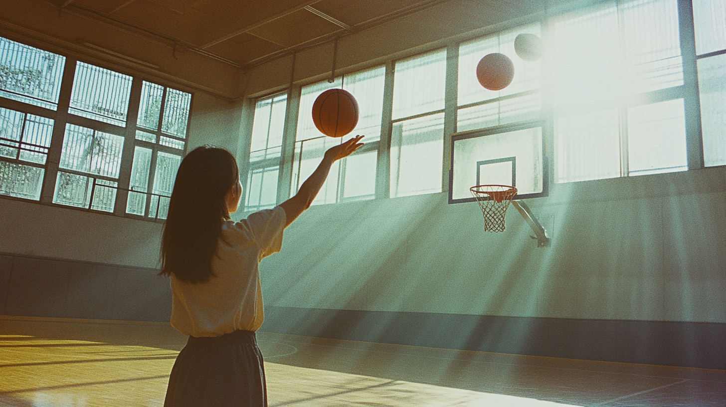 Chinese Woman Playing Basketball in Sunny Indoor Court