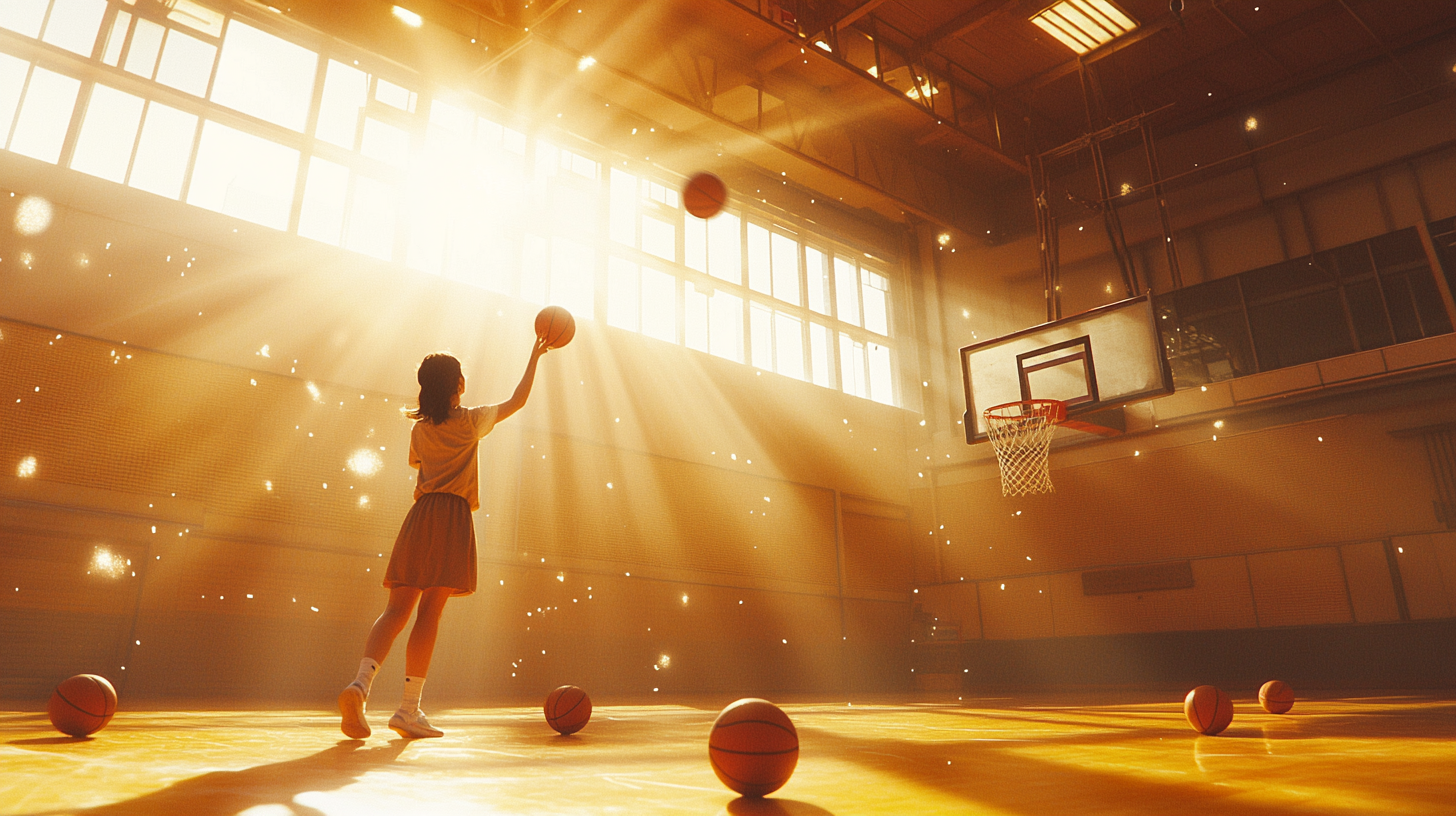 Chinese Woman Scoring Basket in Sunlit Court