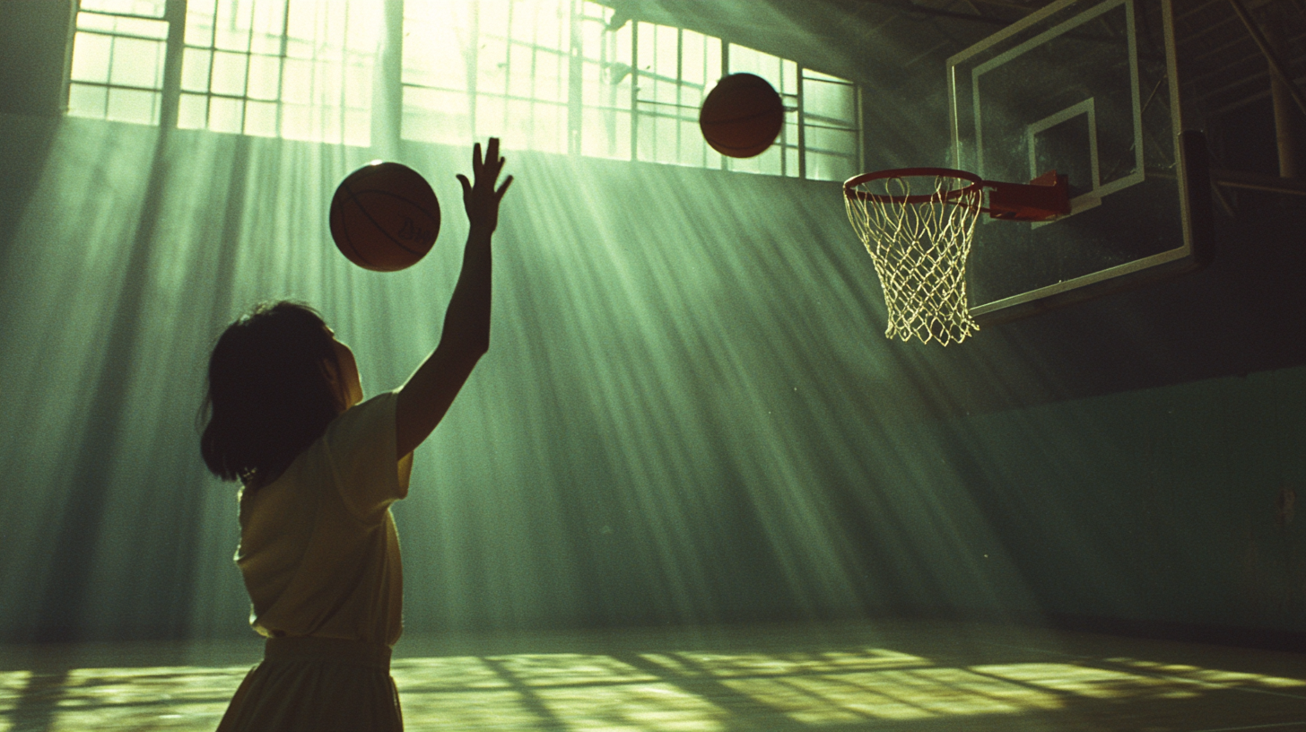 Chinese Woman Shooting Basketball amid Sunlit Court