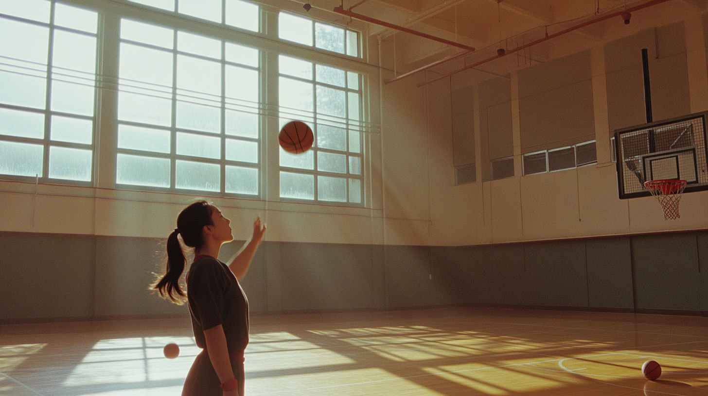 Chinese Woman Shooting Basketball in Sunlit Court