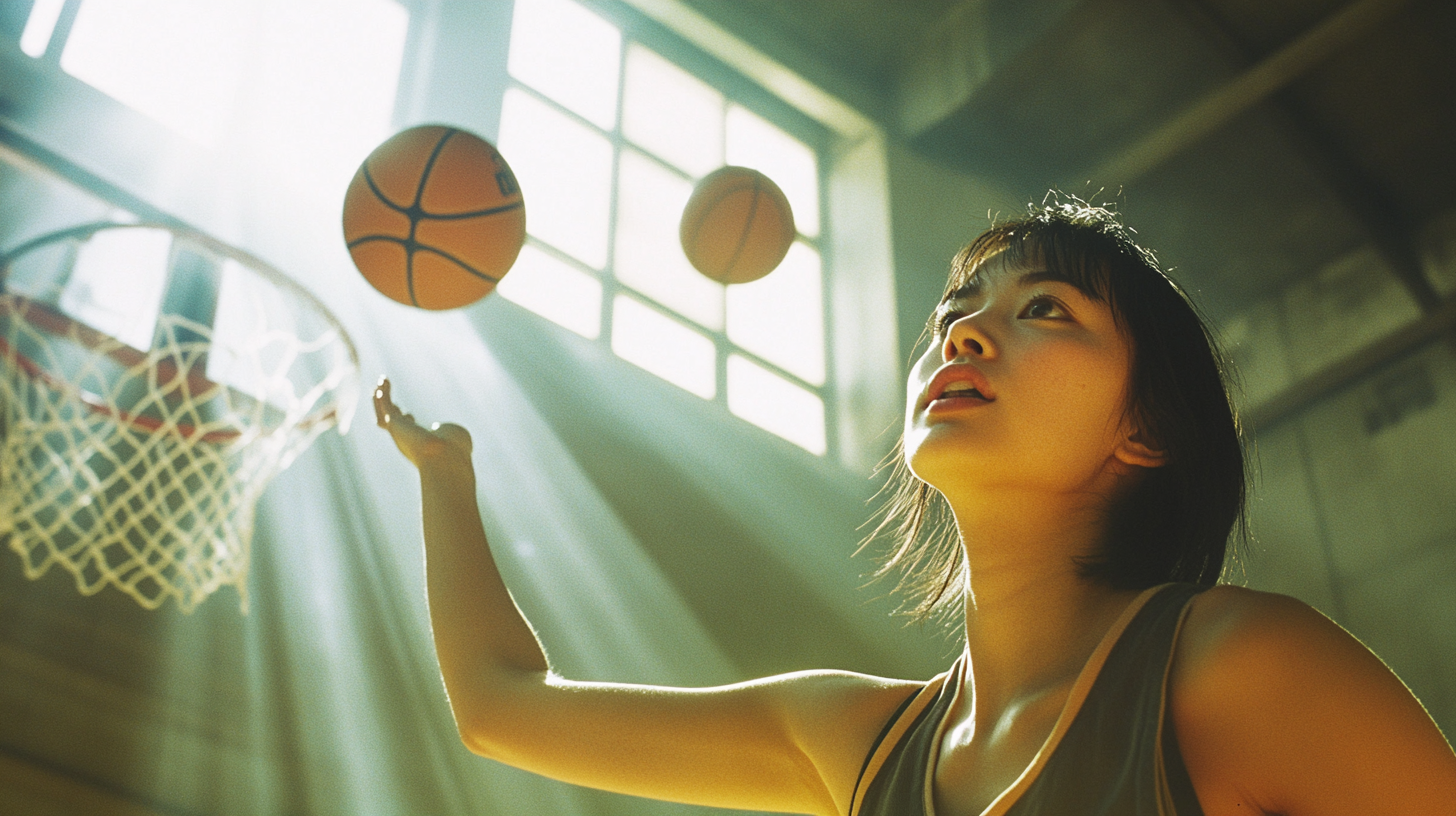 Chinese Woman Shooting Basketballs in Sunlit Court