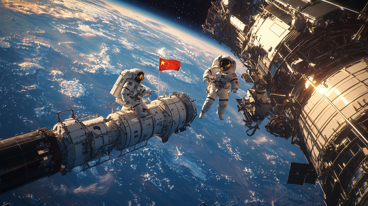 Chinese astronauts with red flag aboard high-tech space station.