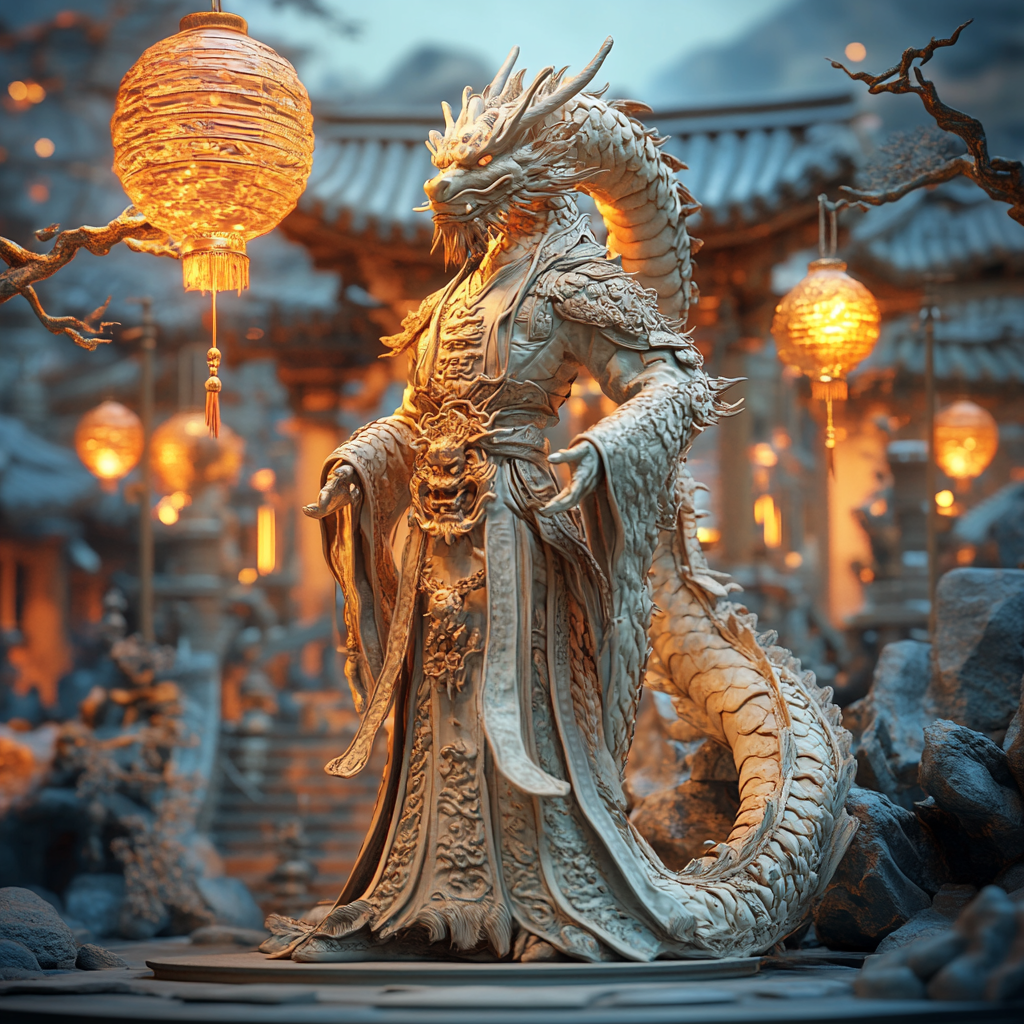 Chinese dragon monk in ornate temple with lanterns.