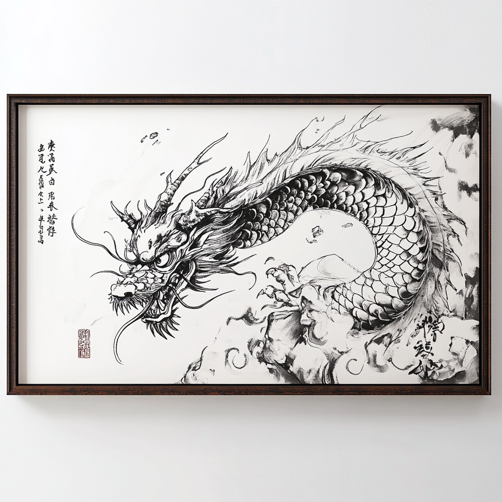 Chinese dragon painting in black and white frame.