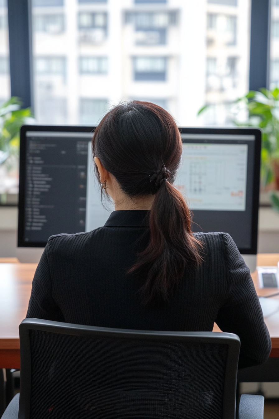 Chinese female teacher working at desk, professional atmosphere.