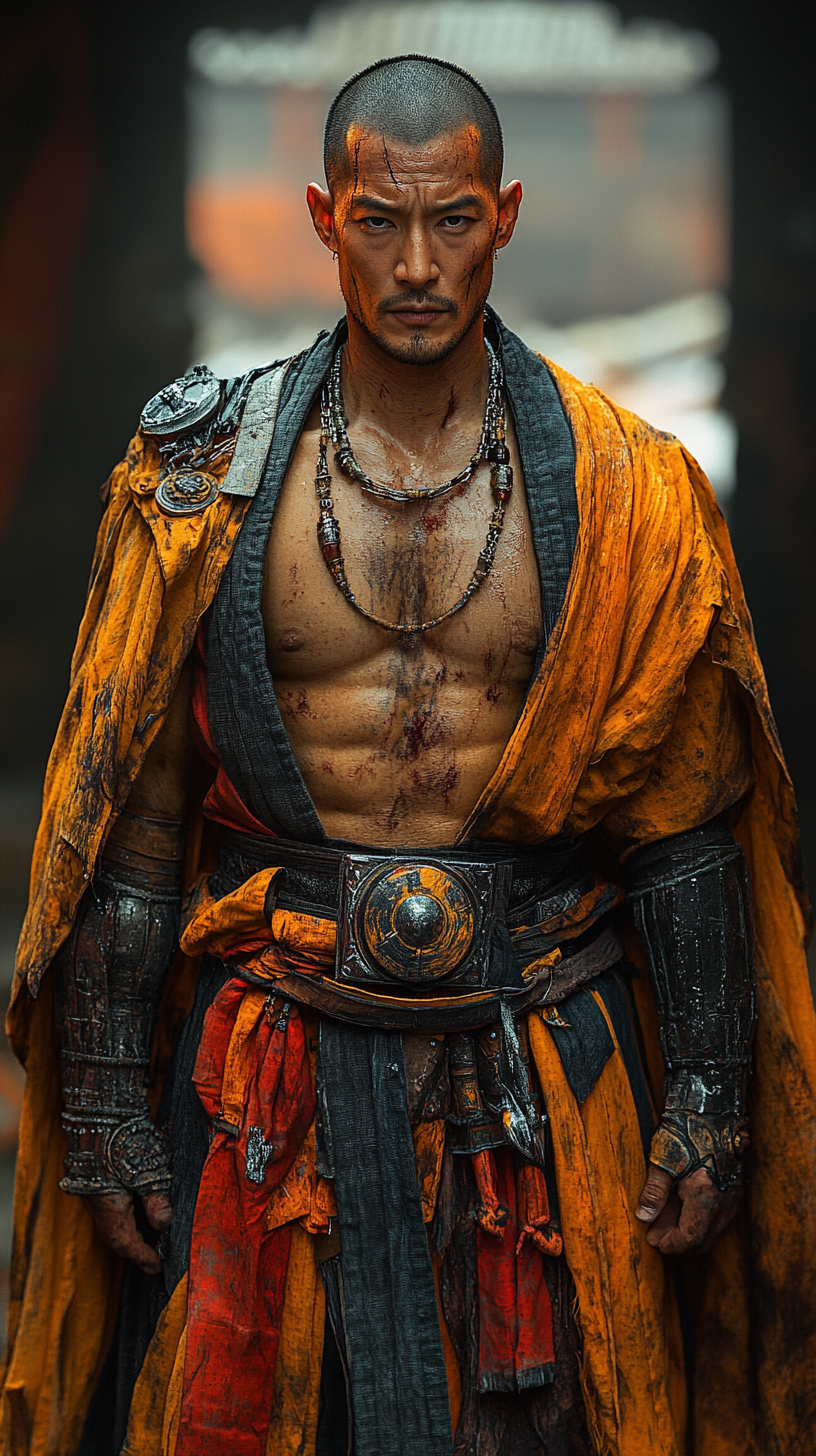 Chinese general, 52, tall, lean, muscular, black hair, dark eyes, scar, weathered face, left figure.
