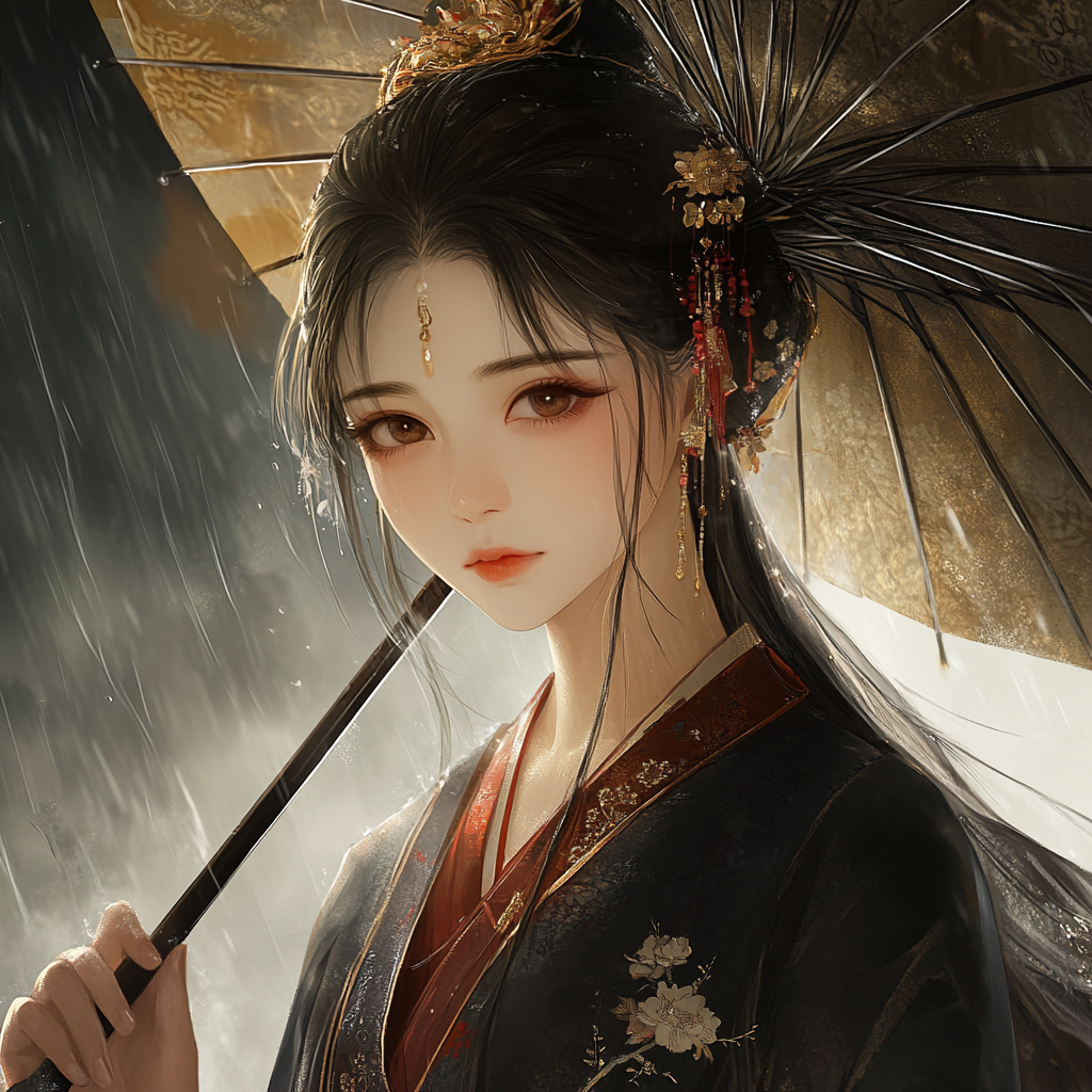 Chinese girl in Tang clothing holding umbrella in rain.