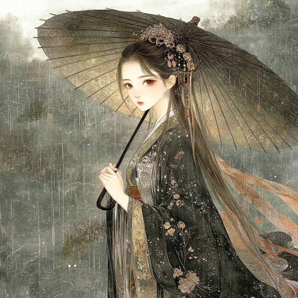 Chinese girl in Tang costume holding umbrella under rain.