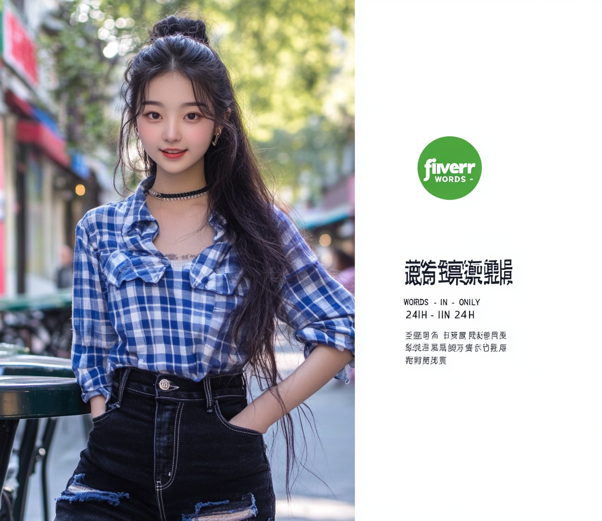 Chinese girl in plaid shirt at Fiverr cafe.