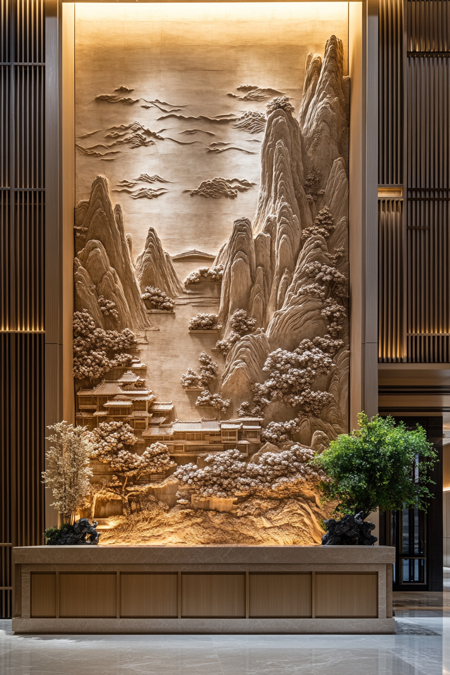 Chinese landscape relief dominates hotel lobby wall decoration.