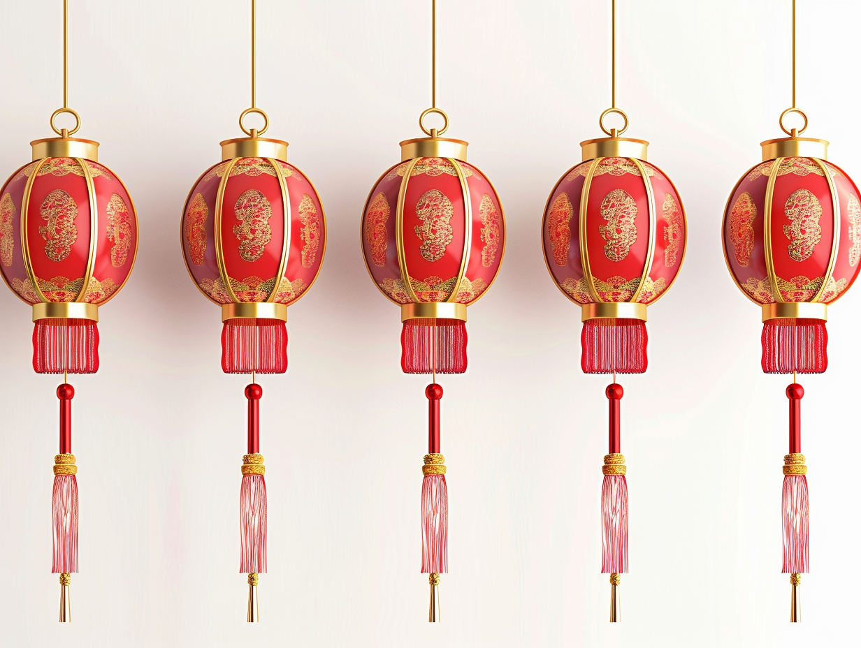 Chinese lanterns hanging symmetrically, intricate gold details, white background.