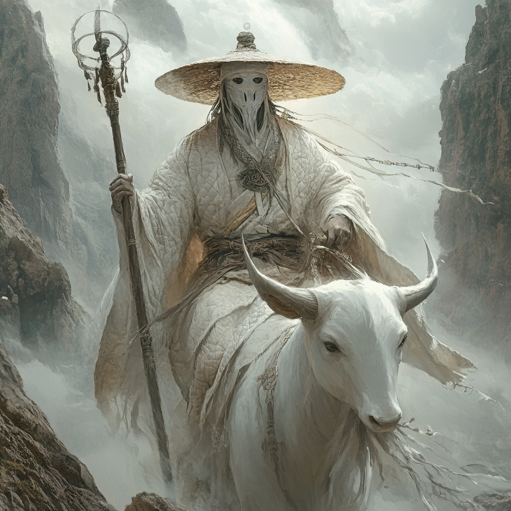 Chinese monk in ornate robe and hat rides ghostly ox.