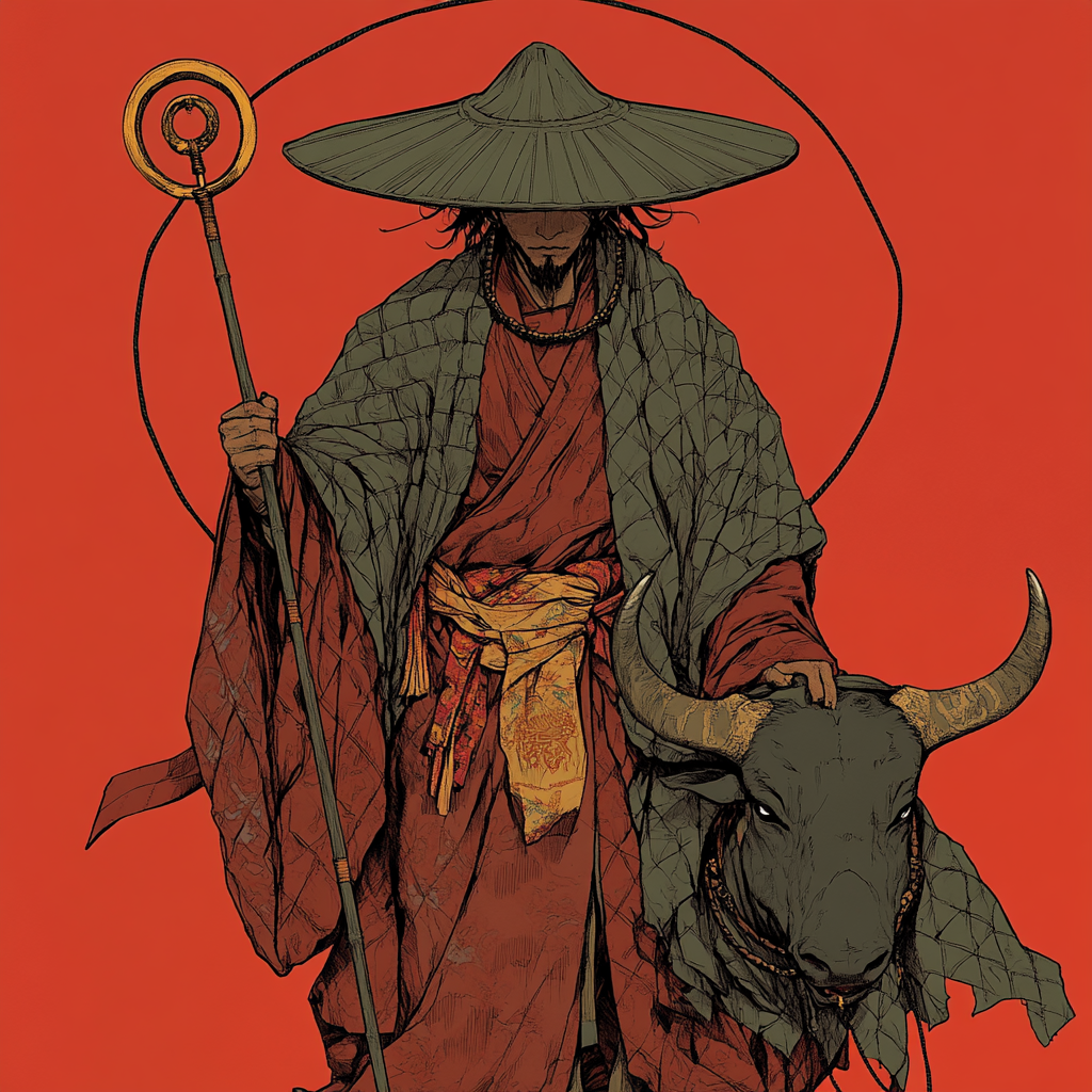 Chinese monk in quilted robe and large hat riding ox.