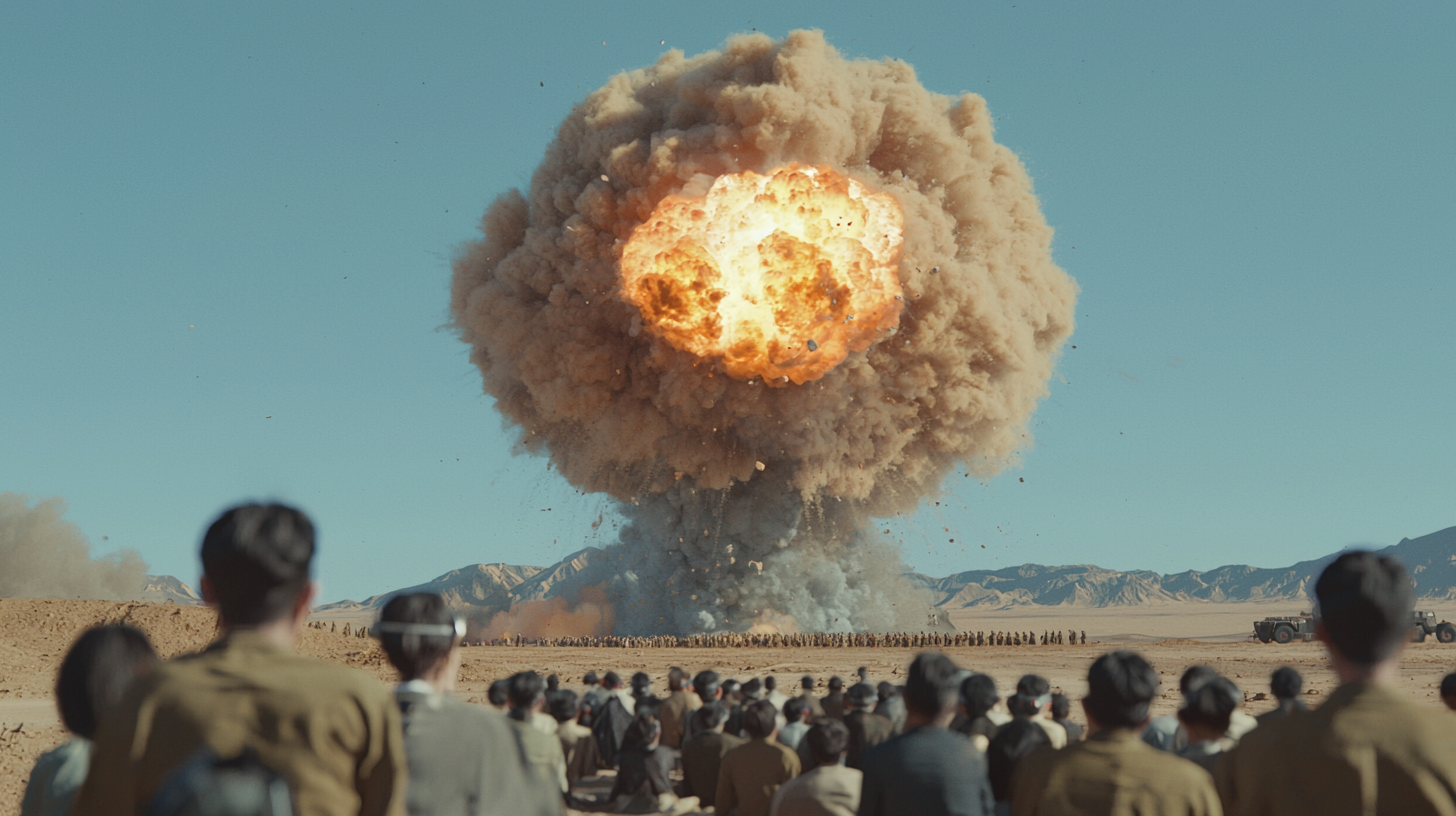 Chinese nuclear bomb test in desert, Red Army watches.