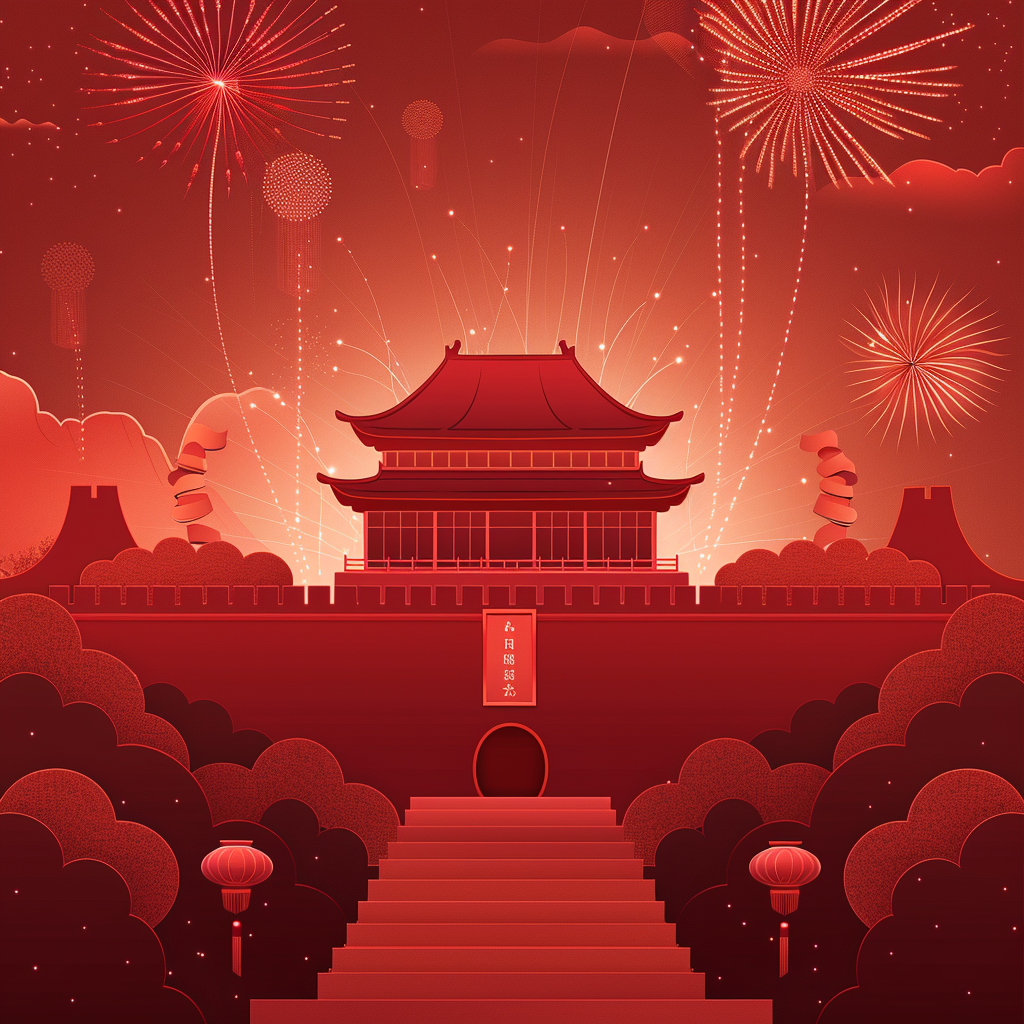 Chinese red background, gradient to enhance dimension, fireworks, ribbons.