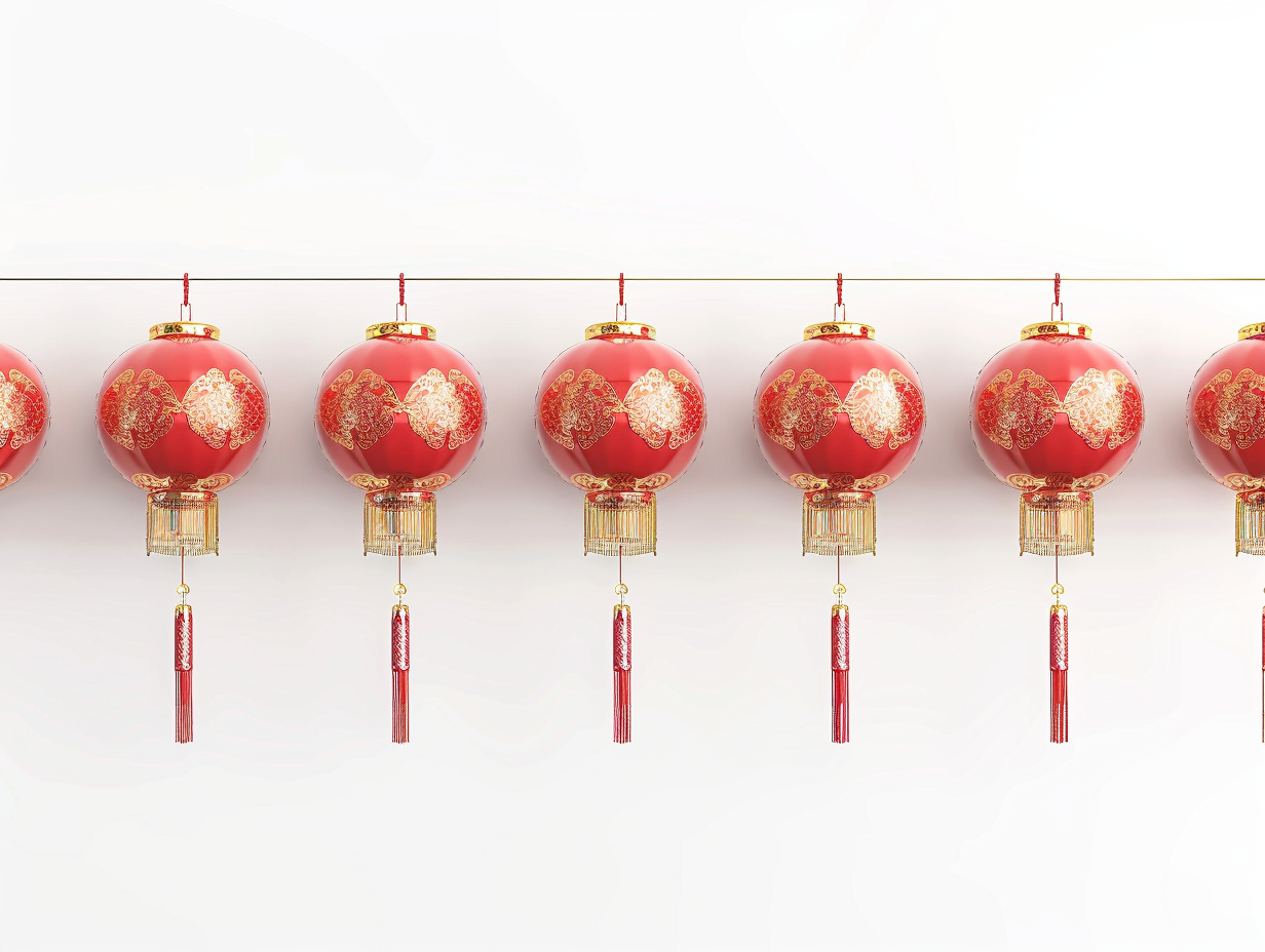 Chinese red lanterns, golden patterns, tassels, elegant design, symmetry.