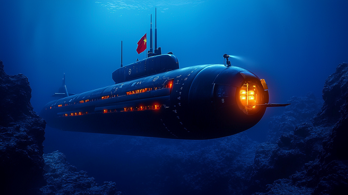 Chinese research submarine exploring the Mariana Trench depths.