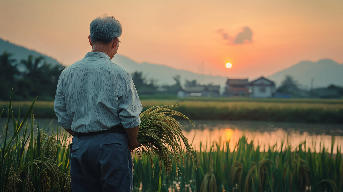 Chinese scientist in rice field at sunset holding plants.