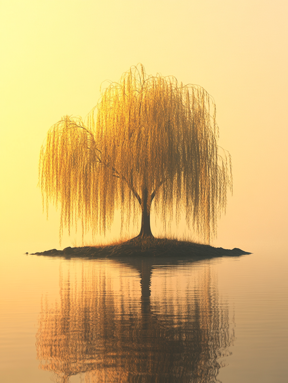 Chinese style golden light weeping willow on island.