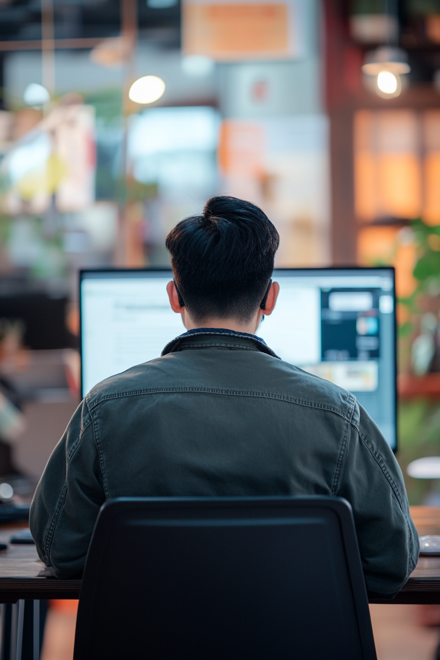 Chinese teacher at desk facing office monitor screen.