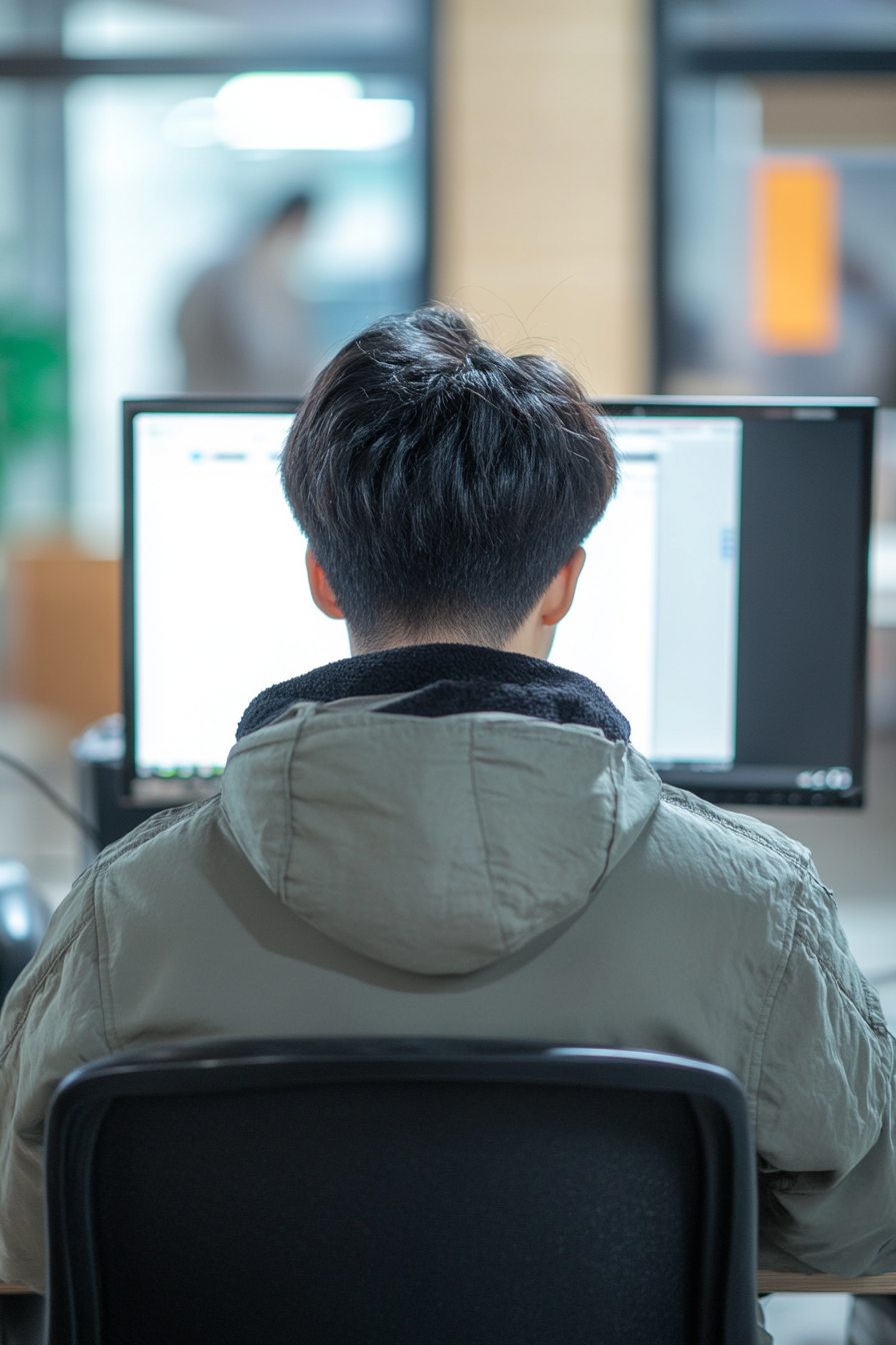 Chinese teacher sitting at desk facing computer screen.