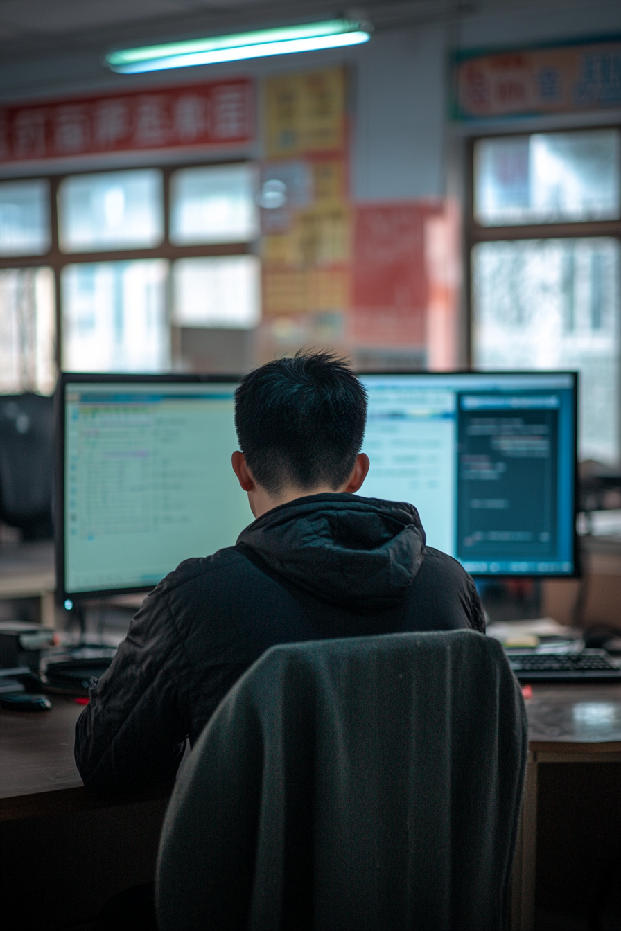 Chinese teacher working at desk in office. Camera focuses on teacher using SONY α9 III.