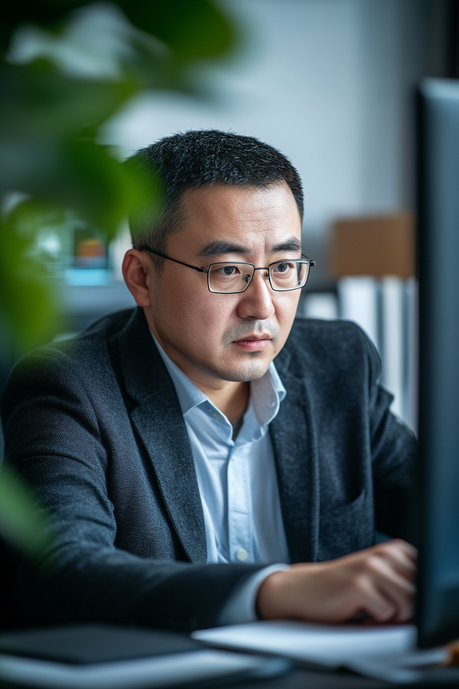 Chinese teacher working at desk in professional office setting.