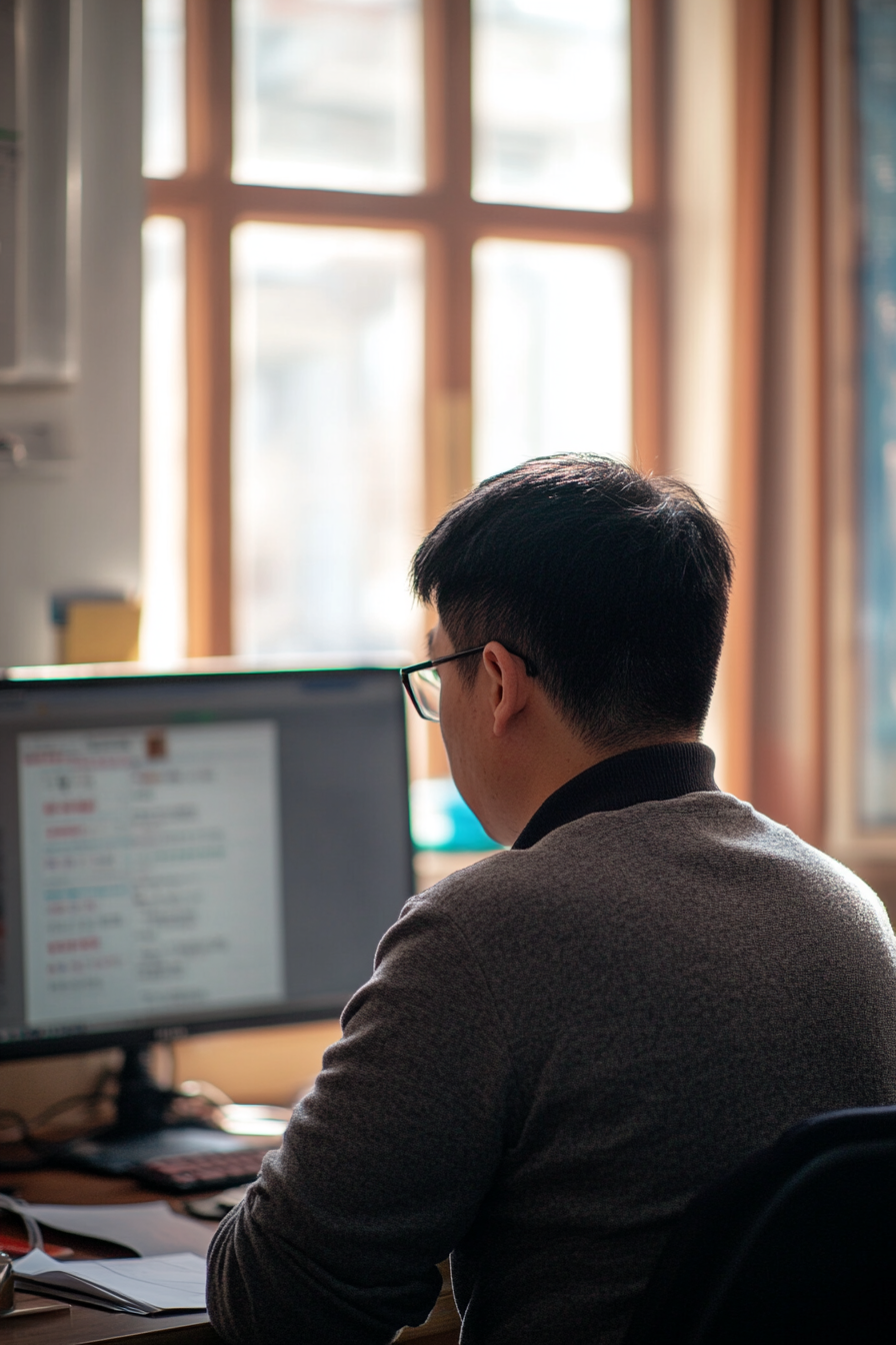 Chinese teacher working at desk with computer monitor.