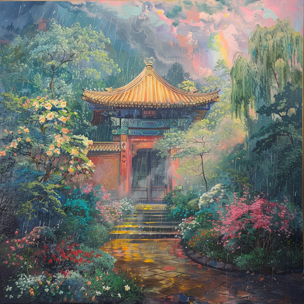 Chinese temple with Buddha trees, sweet flower scent, rainbow rain.